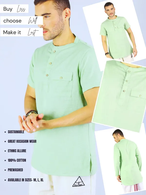 Satav_Men’s_cotton_trendy_Pista_Green_color_short_kurta_