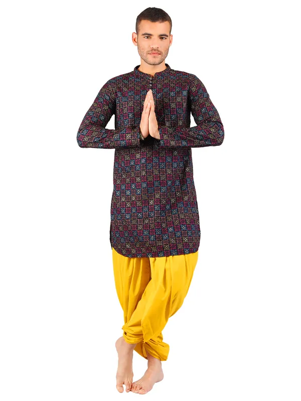 Satav_Yellow_Cotton_Pull-on_Pleated_Dhoti_Pants_with_full_embroidered_long_kurta_for_men