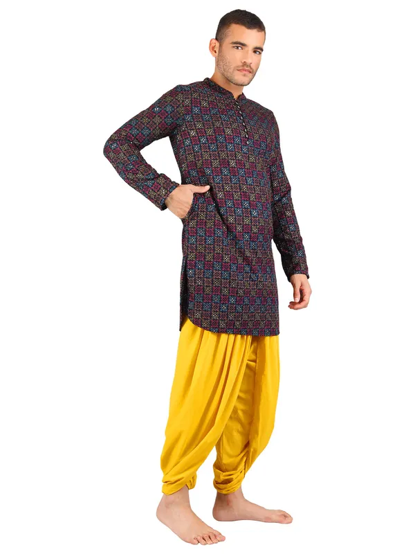 Satav_Yellow_Cotton_Pull-on_Pleated_Dhoti_Pants_with_full_embroidered_long_kurta_for_men