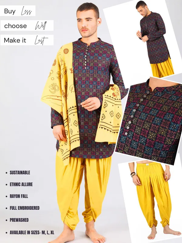 Satav_Yellow_Cotton_Pull-on_Pleated_Dhoti_Pants_with_full_embroidered_long_kurta_for_men