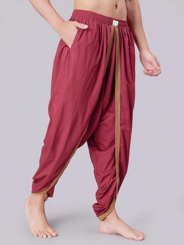 Maroon_Pure_Cotton_Regular_Dhoti_For_Mens
