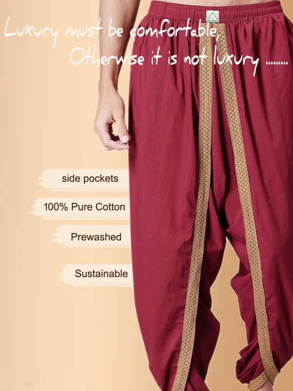Maroon_Pure_Cotton_Regular_Dhoti_For_Mens
