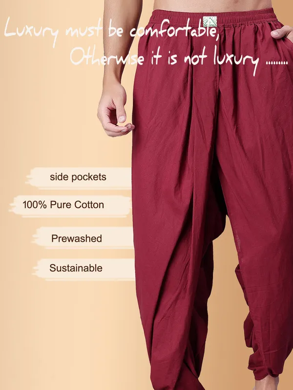 Maroon_Pure_Cotton_Regular_Dhoti_For_Mens