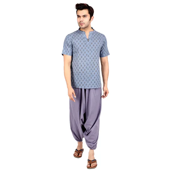 Grey_Men_Block_Print_Short_Cotton_Kurta