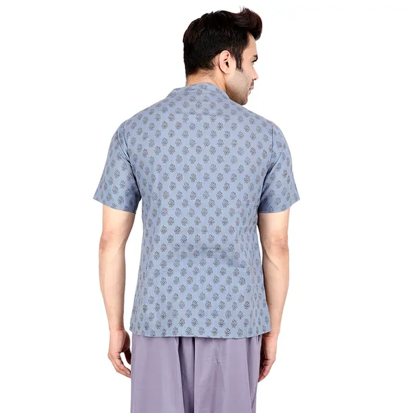 Grey_Men_Block_Print_Short_Cotton_Kurta