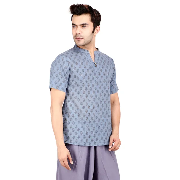 Grey_Men_Block_Print_Short_Cotton_Kurta