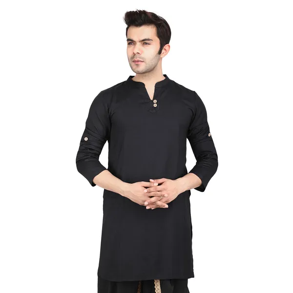 Black_Men_Rayon_Roll-Up_Sleeves_Long_Kurta