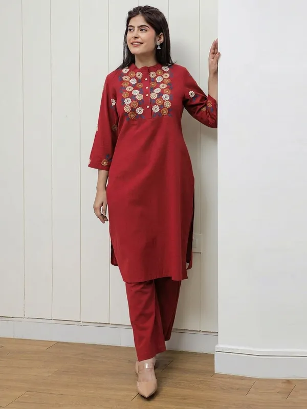 Red_Embroidered_Cotton_Flex_Kurta_and_Pant_Set