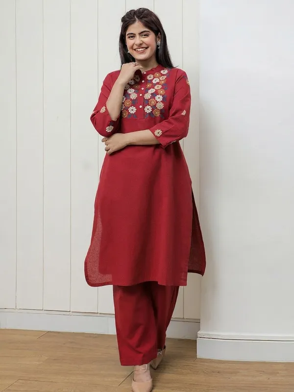 Red_Embroidered_Cotton_Flex_Kurta_and_Pant_Set