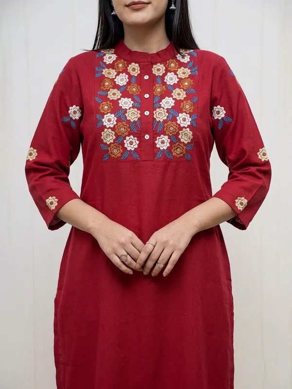 Red_Embroidered_Cotton_Flex_Kurta_and_Pant_Set