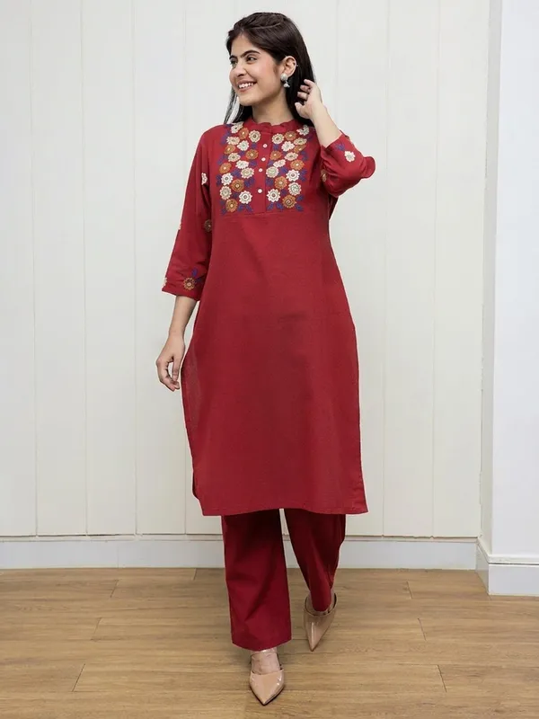 Red_Embroidered_Cotton_Flex_Kurta_and_Pant_Set