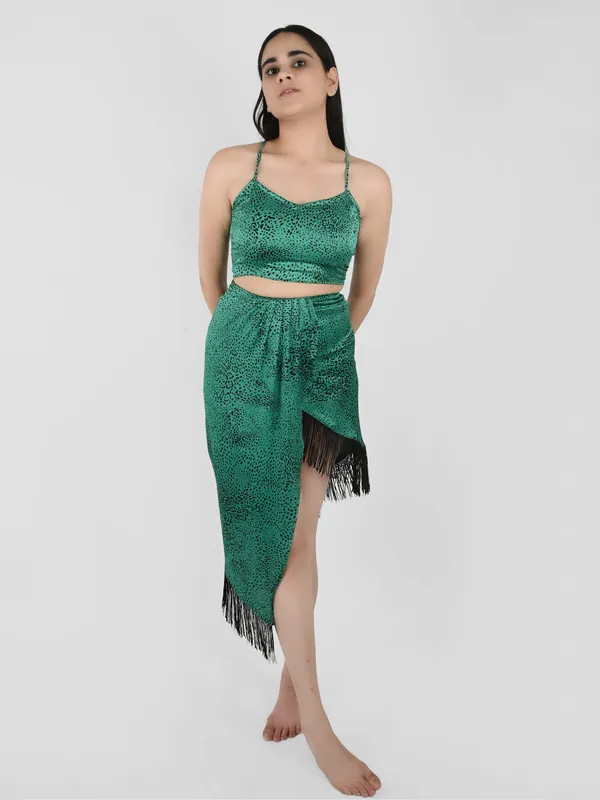 Green_Snake_Printed_Satin_Top_With_Pleated_Skirt
