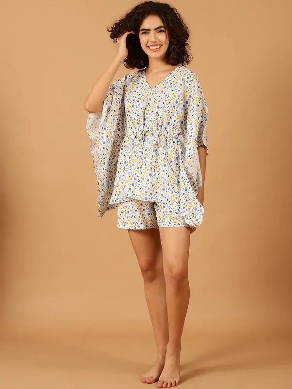White_Floral_Printed_Kaftan__With_Shorts_Set_for_Women