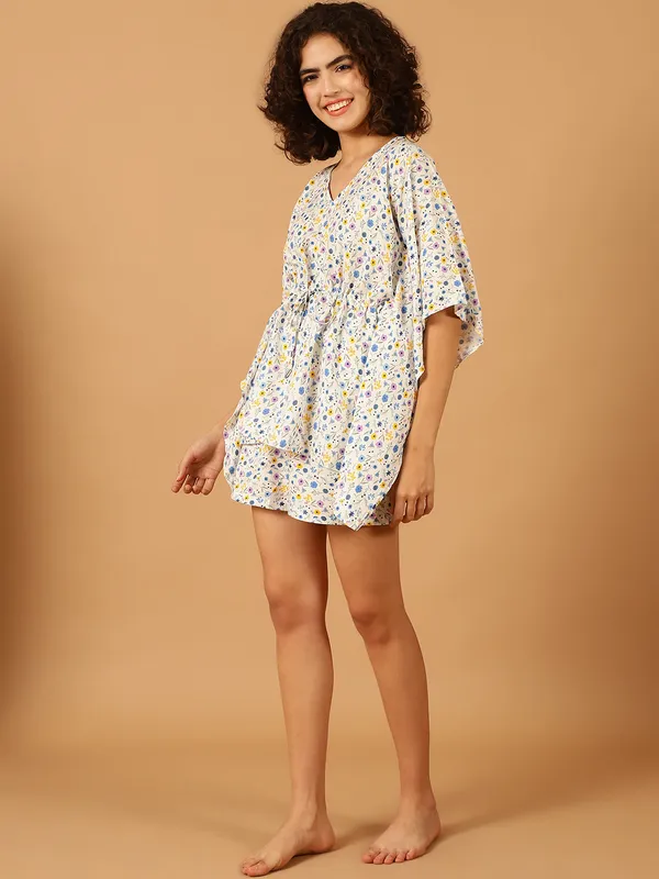 White_Floral_Printed_Kaftan__With_Shorts_Set_for_Women