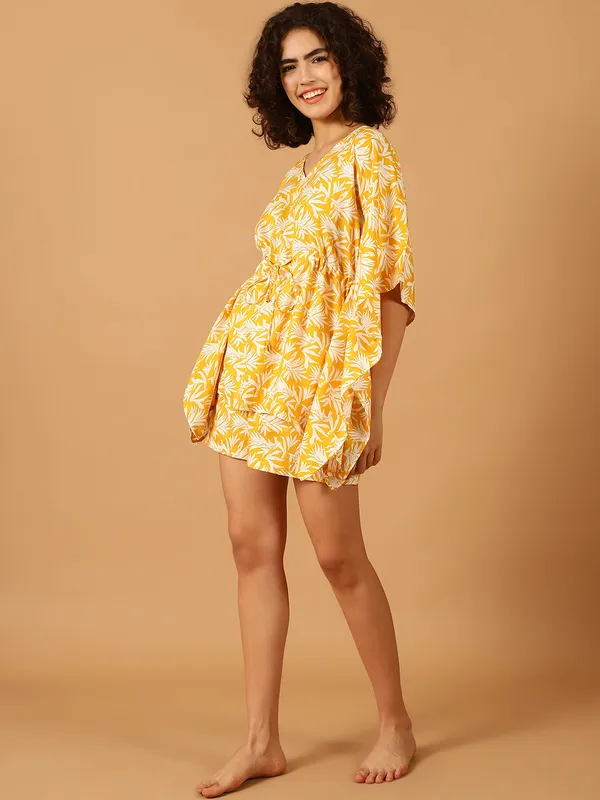 Yellow_Tropical_Printed_Kaftan__With_Shorts_Set_for_Women