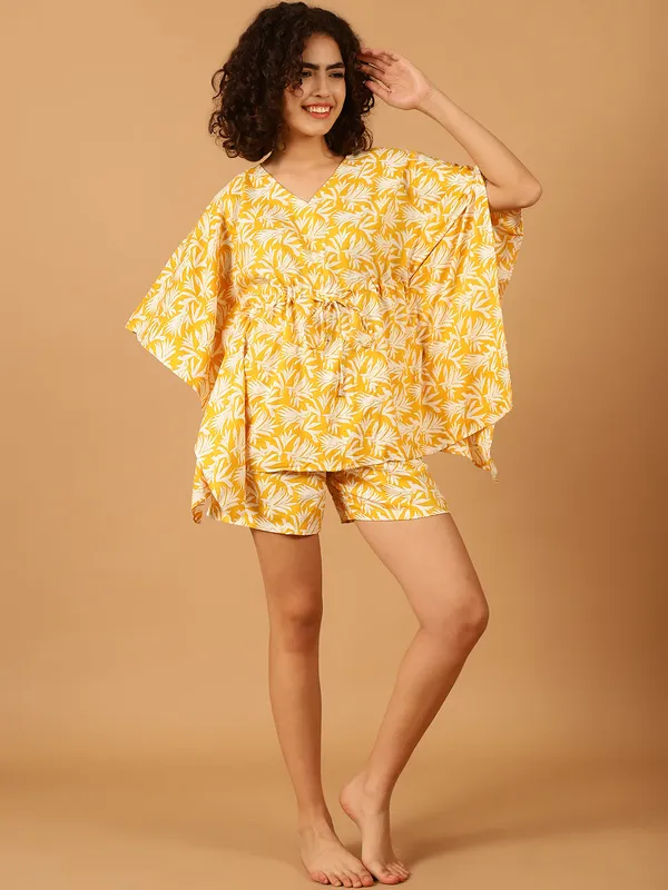 Yellow_Tropical_Printed_Kaftan__With_Shorts_Set_for_Women