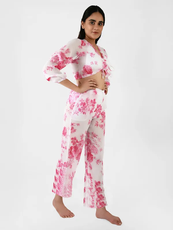 White_&_Pink_Floral_Printed_Cover-Up_Co-Ord_Set_For_Women