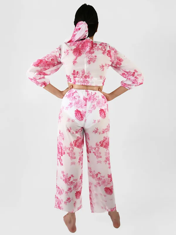 White_&_Pink_Floral_Printed_Cover-Up_Co-Ord_Set_For_Women