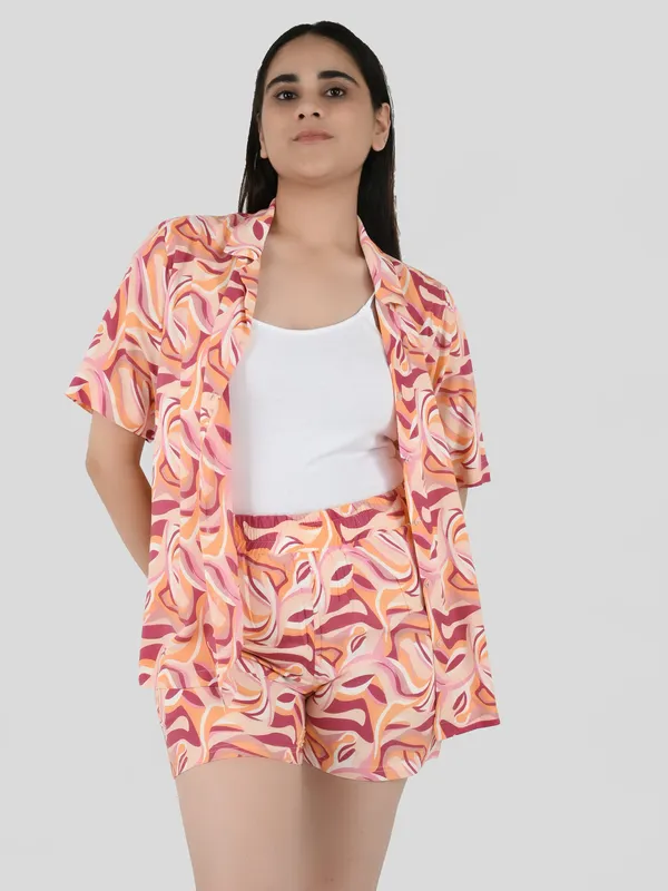 Peach_Abstract_Printed_Cover_Up_Co-Ord_Set_For_Women