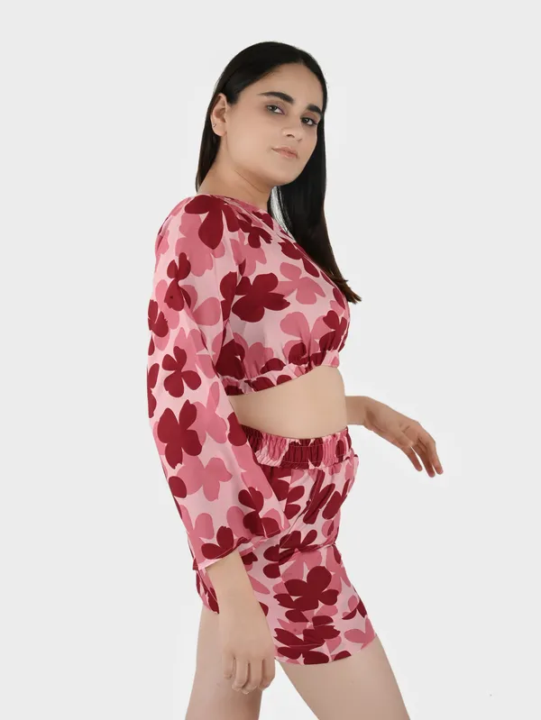 Red_&_Pink_Floral_Top_With_Shorts__For_Women
