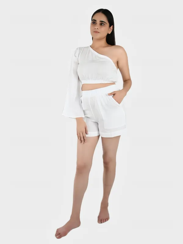 White_Solid_Top_With_Shorts__For_Women