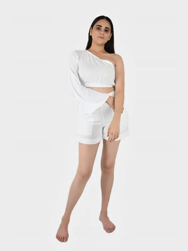 White_Solid_Top_With_Shorts__For_Women