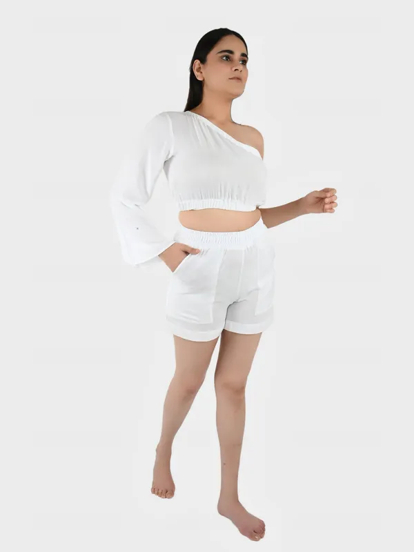 White_Solid_Top_With_Shorts__For_Women