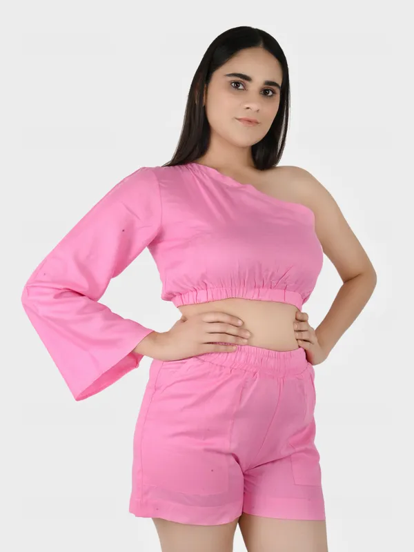 Light_Pink_Solid_Top_With_Shorts_Set__For_Women