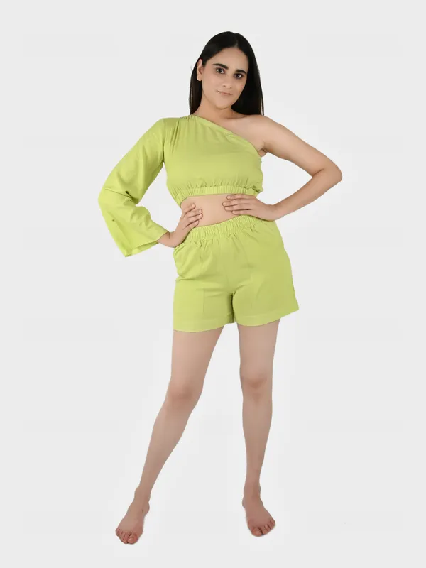 Lime_Green_Solid_Top_With_Shorts_Set__For_Women