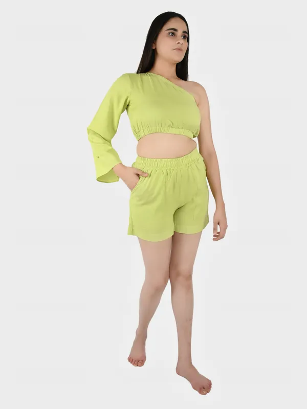 Lime_Green_Solid_Top_With_Shorts_Set__For_Women