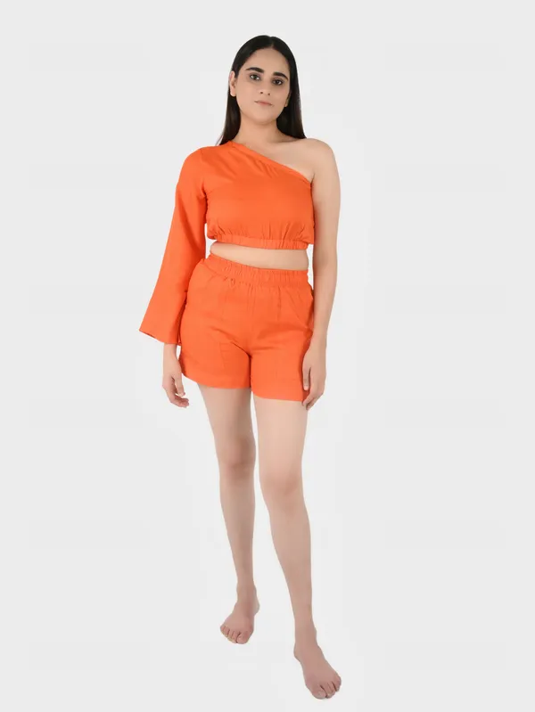 Orange_Solid_Top_With_Shorts_Set__For_Women