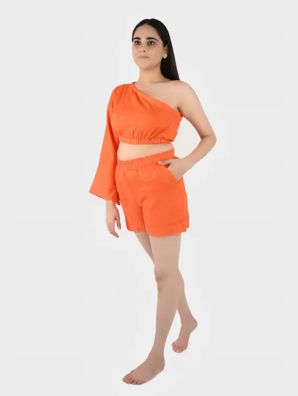 Orange_Solid_Top_With_Shorts_Set__For_Women