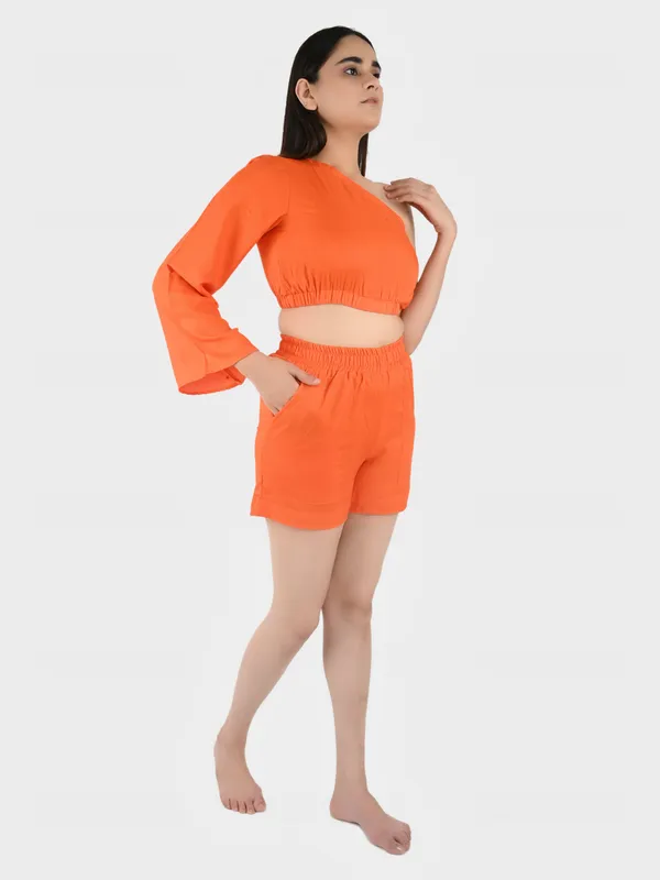 Orange_Solid_Top_With_Shorts_Set__For_Women
