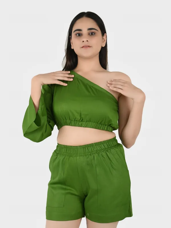 Green_Solid_Top_With_Shorts_Set__For_Women