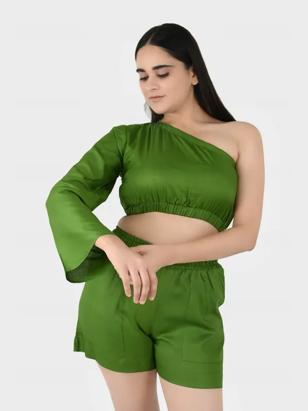 Green_Solid_Top_With_Shorts_Set__For_Women