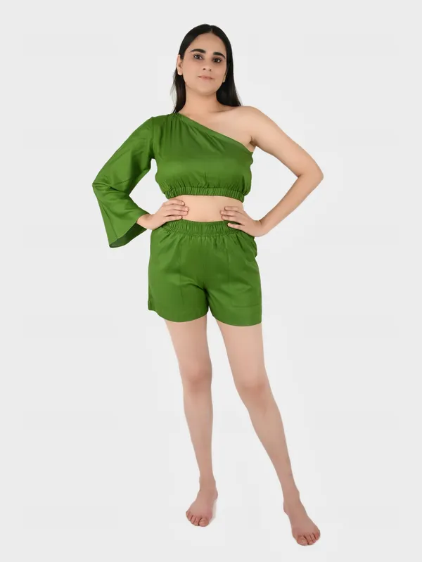 Green_Solid_Top_With_Shorts_Set__For_Women