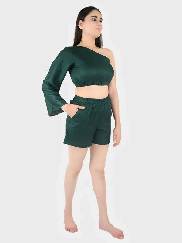 Dark_Green_Solid_Top_With_Shorts_Set_For_Women