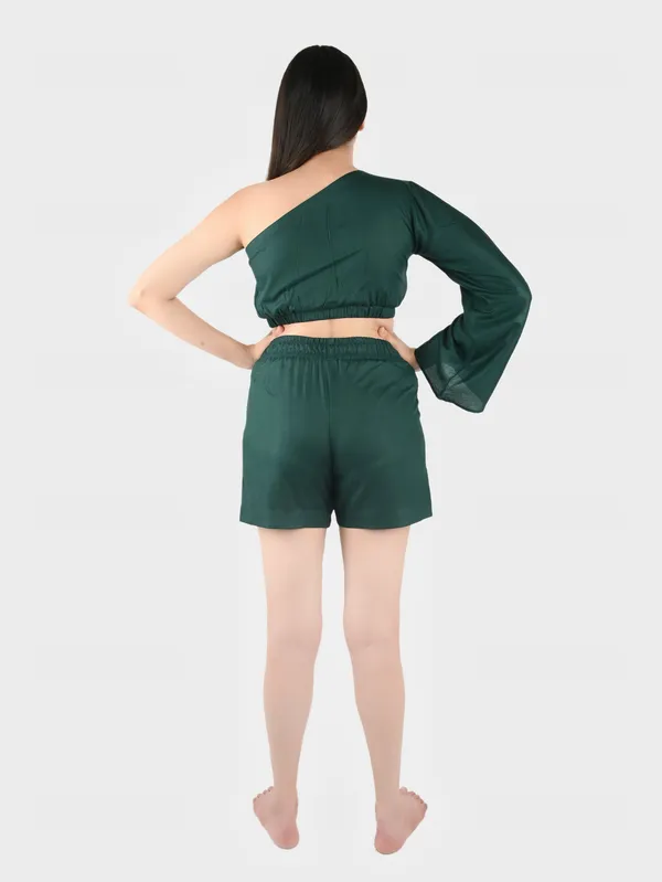 Dark_Green_Solid_Top_With_Shorts_Set_For_Women