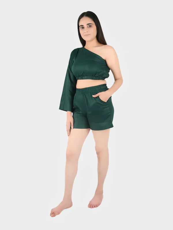 Dark_Green_Solid_Top_With_Shorts_Set_For_Women