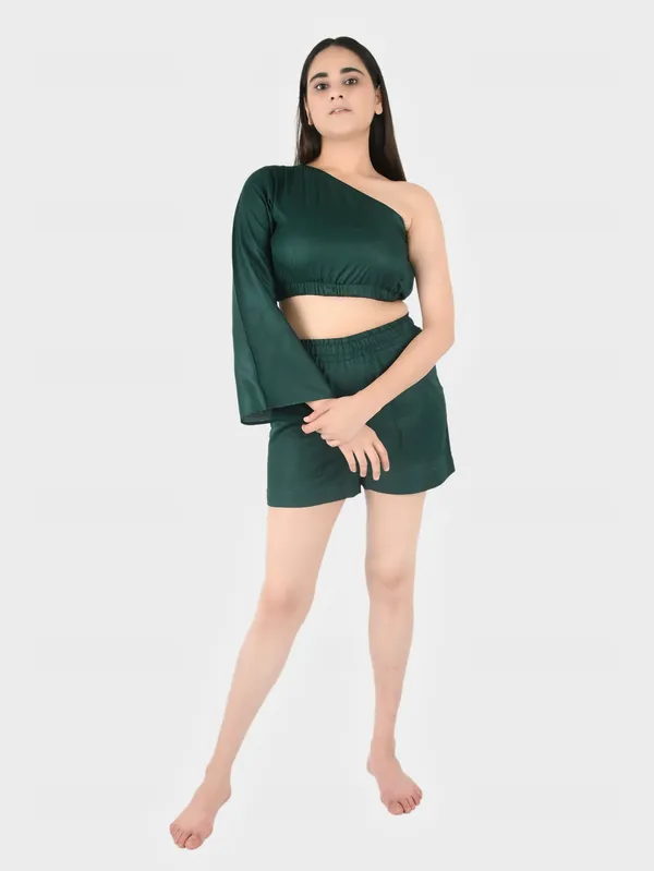Dark_Green_Solid_Top_With_Shorts_Set_For_Women
