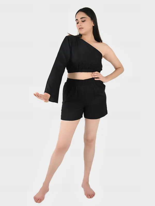 Black_Green_Solid_Top_With_Shorts_Set__For_Women