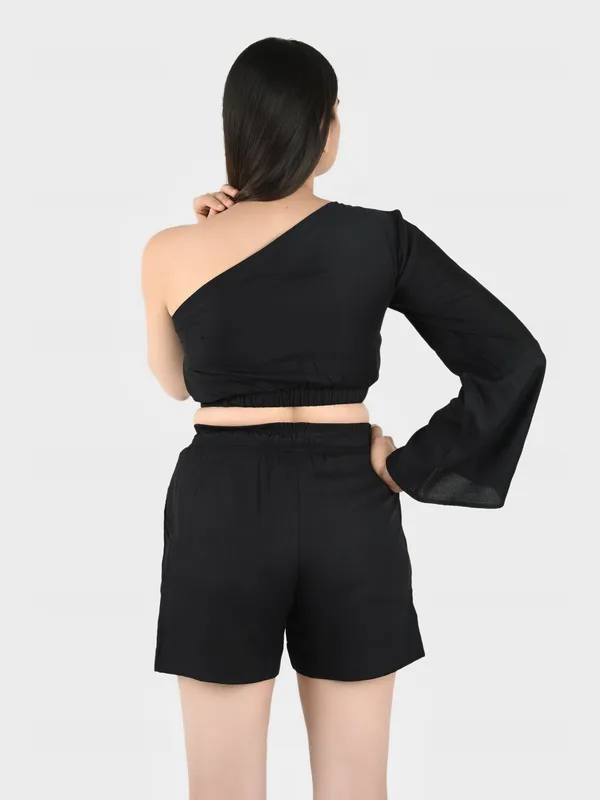 Black_Green_Solid_Top_With_Shorts_Set__For_Women
