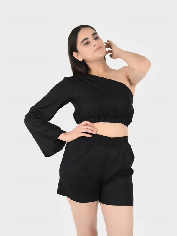 Black_Green_Solid_Top_With_Shorts_Set__For_Women