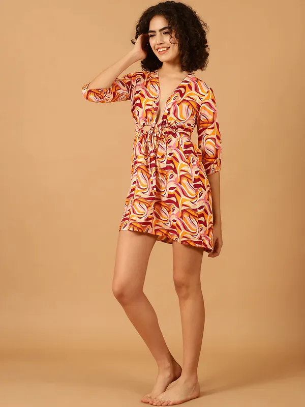 Peach_Abstract_Printed_Cut-Out_Dress_for_Women