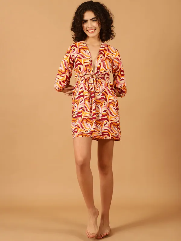 Peach_Abstract_Printed_Cut-Out_Dress_for_Women