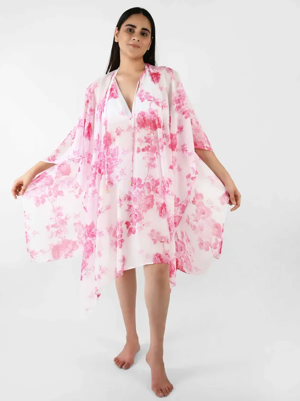 White_&_Pink_Floral_Printed_Poncho_Cover-Up_Kaftan_for_Women
