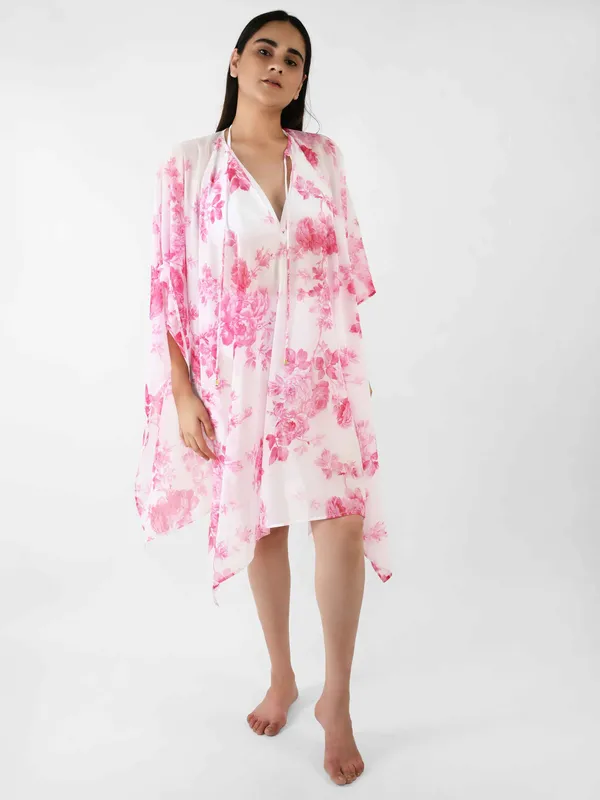 White_&_Pink_Floral_Printed_Poncho_Cover-Up_Kaftan_for_Women