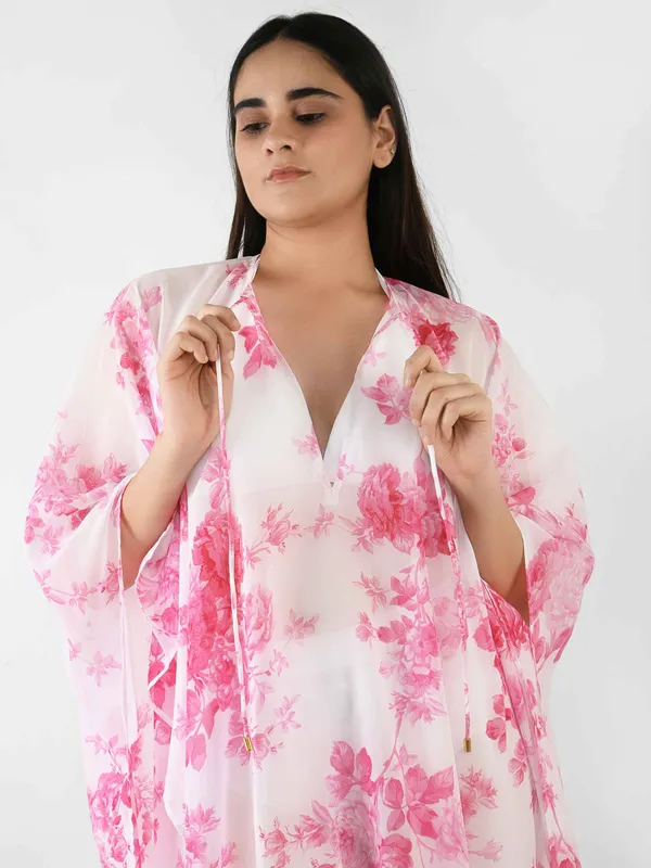 White_&_Pink_Floral_Printed_Poncho_Cover-Up_Kaftan_for_Women