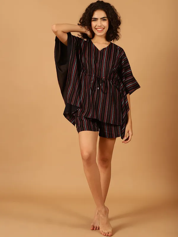Red_&_Black_Stripes_Printed_Kaftan__With_Shorts_Set_for_Women
