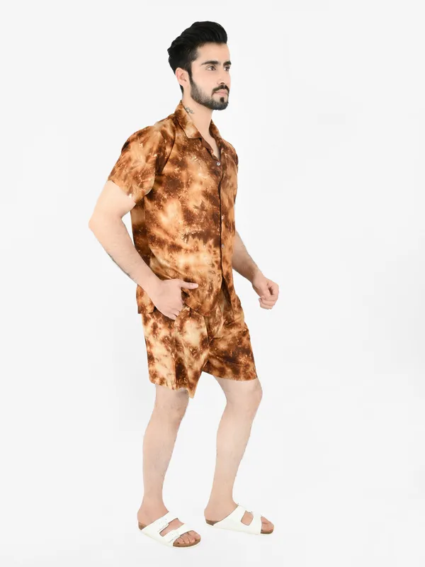 Brown_Tie_&_Dye_Printed_Shirt_With_Shorts_Co-Ord_Set